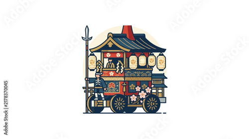 Detailed colorful Japanese matsuri float on wheels.
