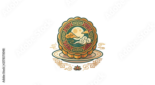 Detailed color mooncake illustration on a plate.