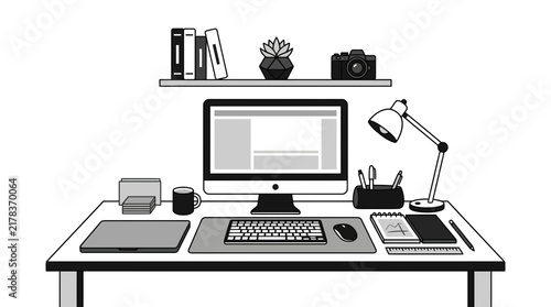 Detailed computer workstation desk with office accessories.