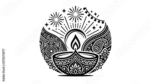 Detailed Diwali mandala featuring fireworks and ornate diya lamp.