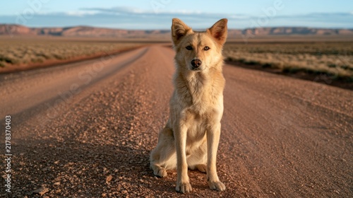 Loyal tan dog sitting in the middle of a remote desert dirt road at sunset with mountain mesas in the background