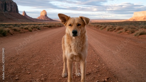 Portrait of a curious mixed-breed dog standing on a desert dirt road in Monument Valley at sunset