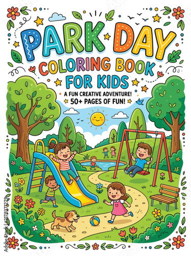 Park Day Kids Coloring Book Cover Playground Swings Outdoor Fun Vector