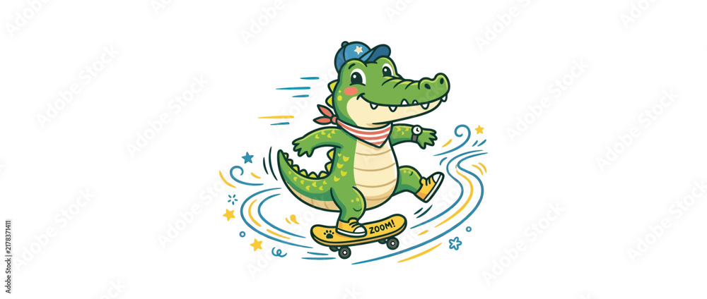 Fototapeta premium Cartoon alligator riding a skateboard, isolated on transparent background