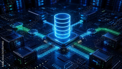 Obraz na płótnie Centralized database network architecture with glowing data processing core and interconnected circuit server modules