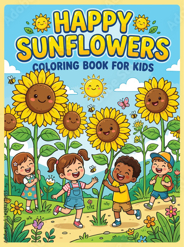 Sunflowers Kids Coloring Book Cover Happy Children Flower Field Vector