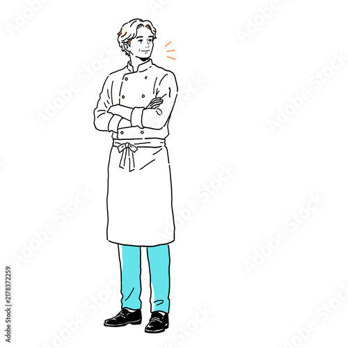 Plakat 腕を組んで微笑む男性料理人の線画イラスト