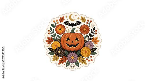 Halloween pumpkin sticker with flowers and night elements.