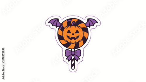 Halloween pumpkin lollipop sticker with bat wings and bow