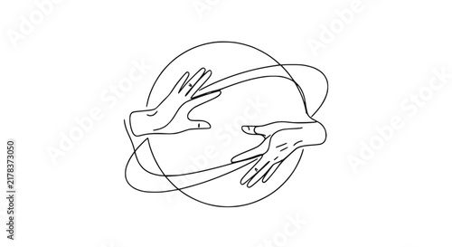 Abstract line art of two hands reaching around a circle, connection concept