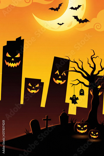 Halloween Cityscape with Spooky Atmosphere and Orange Yellow Background
