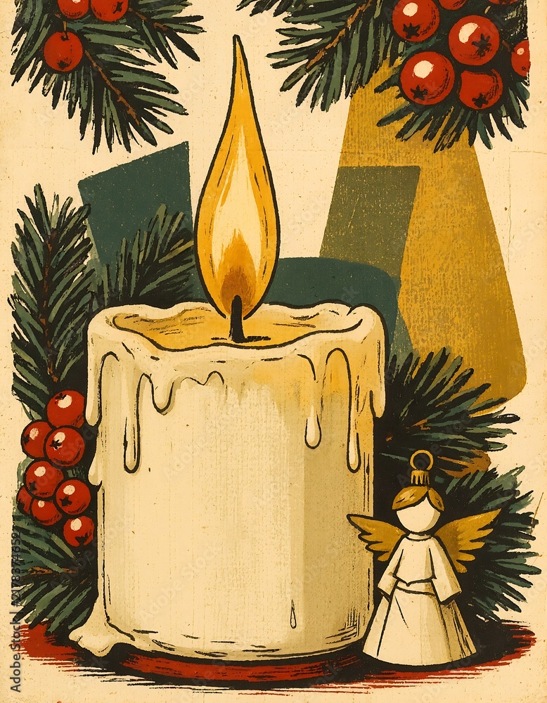 Fototapeta premium Retro holiday illustration of a lit white candle surrounded by pine branches