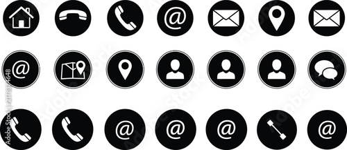 A collection of monochrome contact details icons including address email phone number and location symbols for communication
