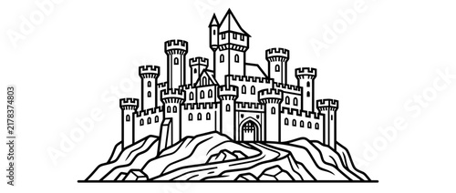 Bild auf Leinwand Stylized Medieval Castle on Rocky Hill