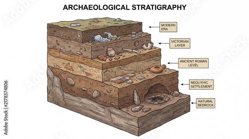 Illustration of archaeological stratigraphy showcasing layers of soil and artifacts representing different historical periods