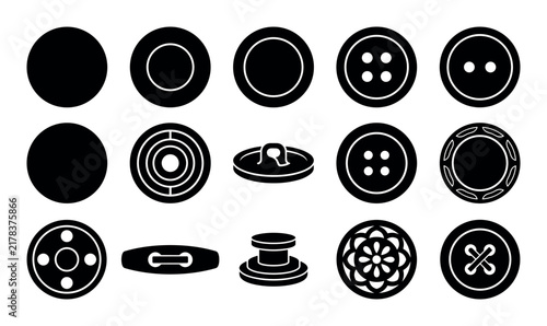 Circular button vector icons with flat round buttons, domed buttons and metallic buttons for web design in solid silhouette style