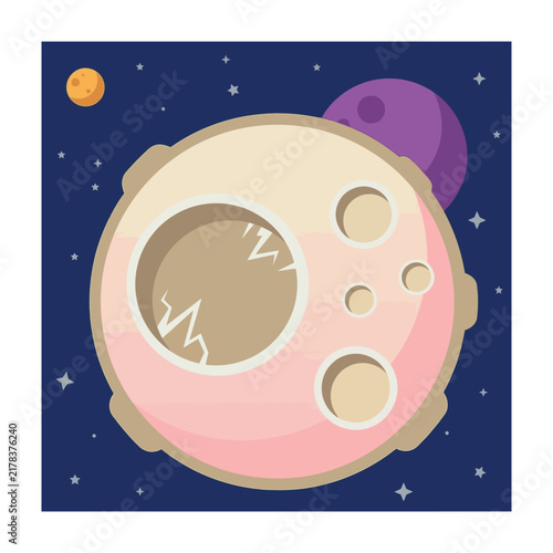 Space scene featuring a large cratered pink moon with distant planets and stars