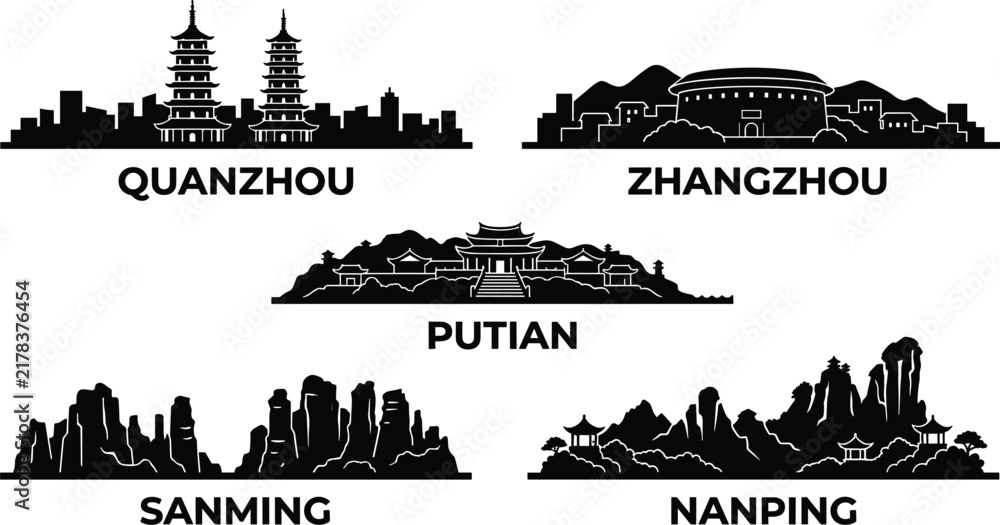 Fototapeta premium China fujian province cities skyline silhouette set featuring quanzhou zhangzhou putian sanming and nanping vector illustration isolated white