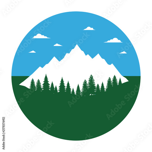 Mountain landscape with trees and clouds in a circular frame graphic design element