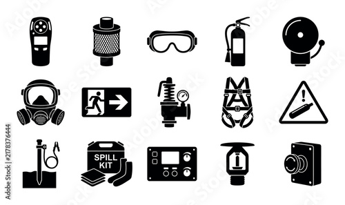 Natural gas safety vector icons with gas detector, flame arrester and fire extinguisher for infographic design in silhouette style