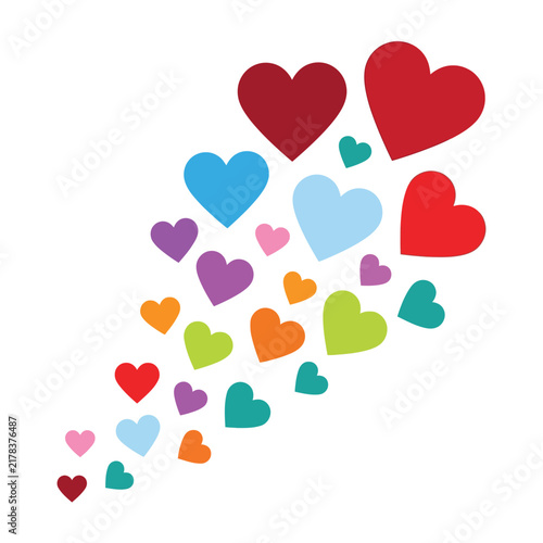 Colorful hearts in various sizes and shapes on white background