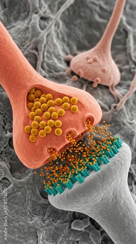 Neural junction showing neurotransmitter release, axonal vesicles flooding the synaptic cleft, dopamine molecules binding to postsynaptic receptors, ethanol induced neuropharmacology stimulation.