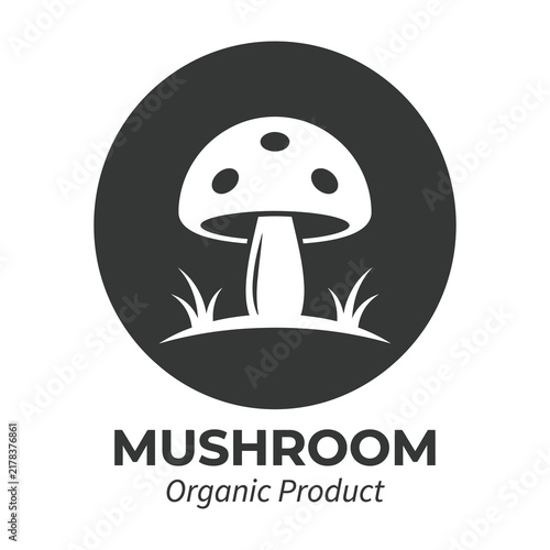 Mushroom organic product logo design with white fungus on black background