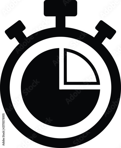Black and white stopwatch icon depicting time passing and measuring duration in a simple design