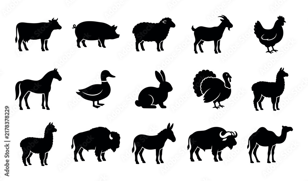 Obraz premium Livestock animals icon set with cow, pig and sheep for presentation design in solid glyph style