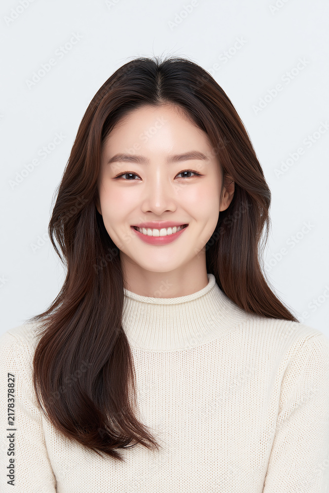 Fototapeta premium Studio Portrait Of Smiling Woman In Cream Turtleneck Knit Sweater With Dark Brown Hair
