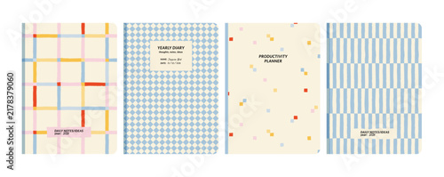 Notebook cover templates set with cute pastel gingham, plaid, checkered, and abstract patterns for planners and diaries.