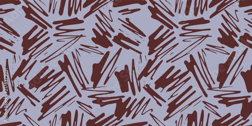 Seamless vector pattern featuring abstract organic scribbles and dark brown brush strokes over a muted lavender background.