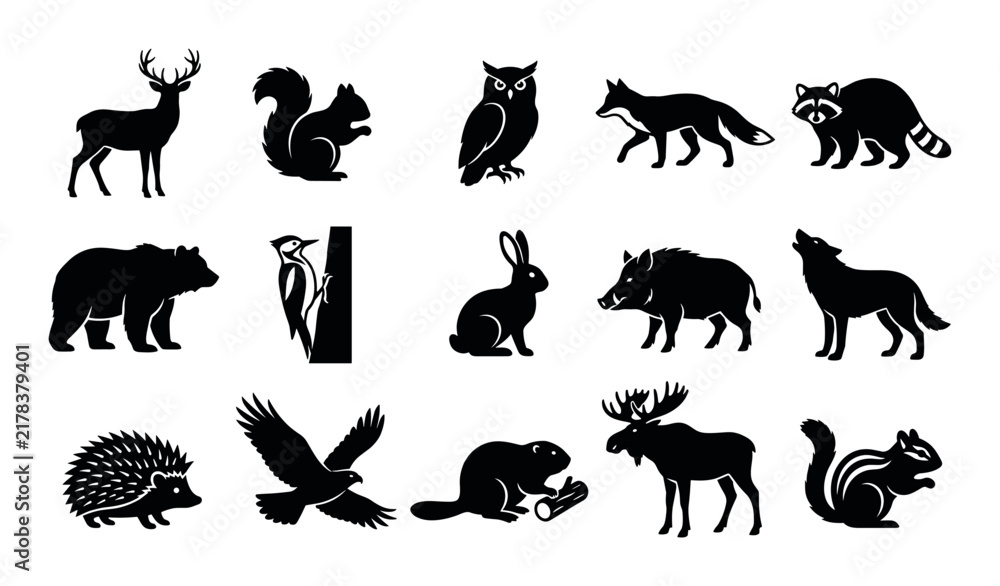 Fototapeta premium Forest wildlife vector icons with deer, owl and bear for web design in silhouette style