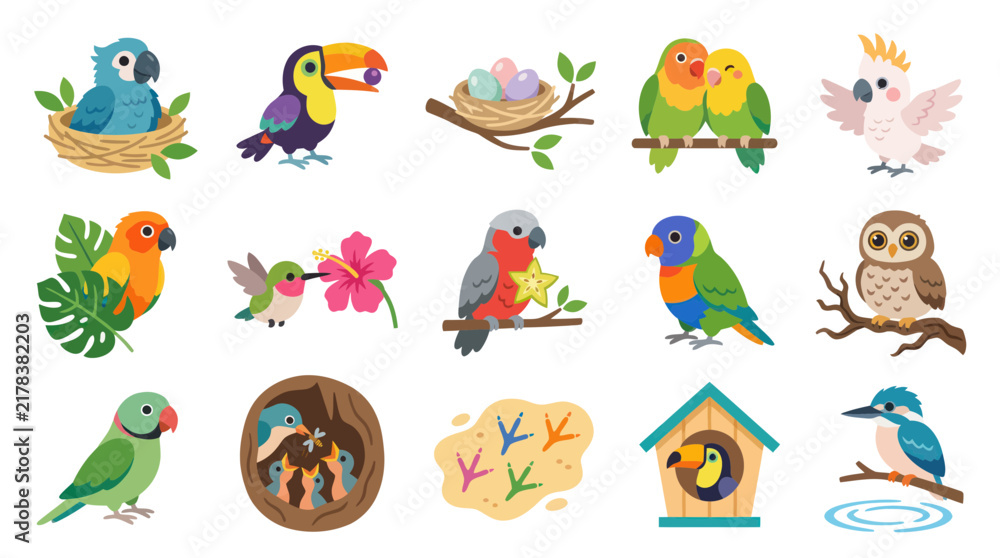 Fototapeta premium Flat Cartoon Vector Bird Illustrations: Diverse Animal Collection with Cute Parrots, Toucans, Owls, Nests