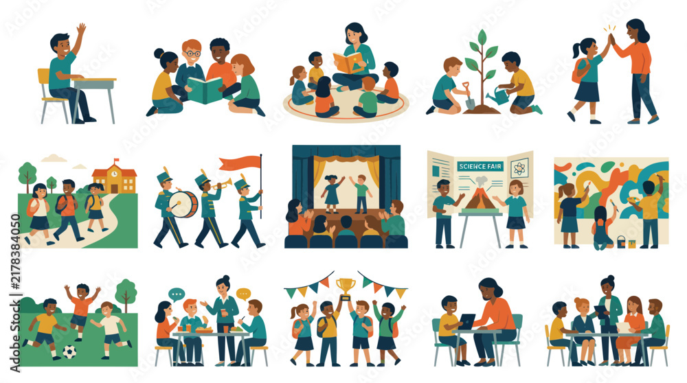 Fototapeta premium Happy Kids Learn and Play Together in a Vibrant School-themed Flat Illustration