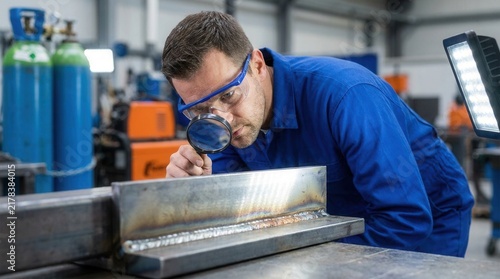Bild auf Leinwand Specialist performing a visual weld inspection to examine weld seams for surface cracks and imperfections