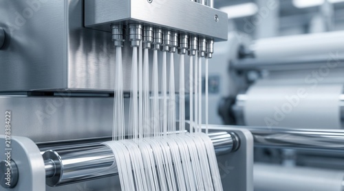 Obraz na plátně Detailed view of semidull nylon yarn extrusion lines showing smooth filament texture and moderate gloss from modern machinery