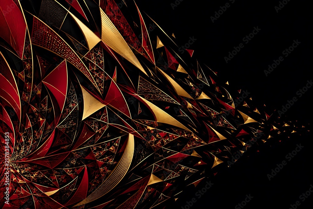 Abstract digital fractal spiral background, shiny red and gold geometric shapes, dark artistic texture pattern illustration