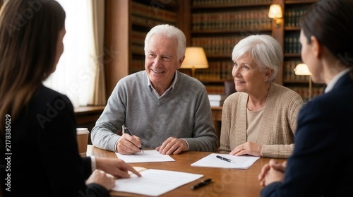 Couple in their sixties discussing estate planning documents with an attorney in a warm law office setting