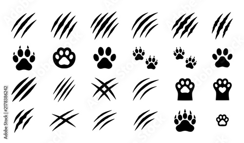 Animal Claw Scratch Marks and Paw Print Black Silhouette Vector Icon Set
