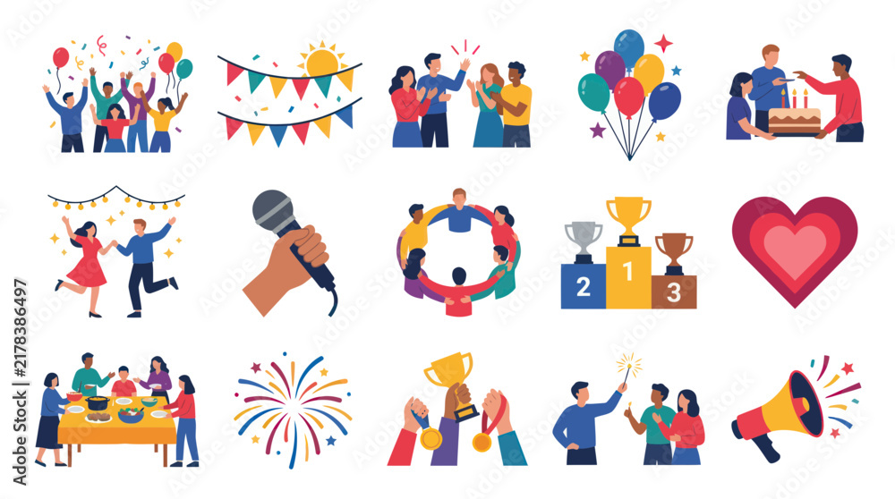 Fototapeta premium Flat Design Illustrations of Celebration, Party, Success, Teamwork, and Event Concepts with People, Balloons, Trophies, and Microphones