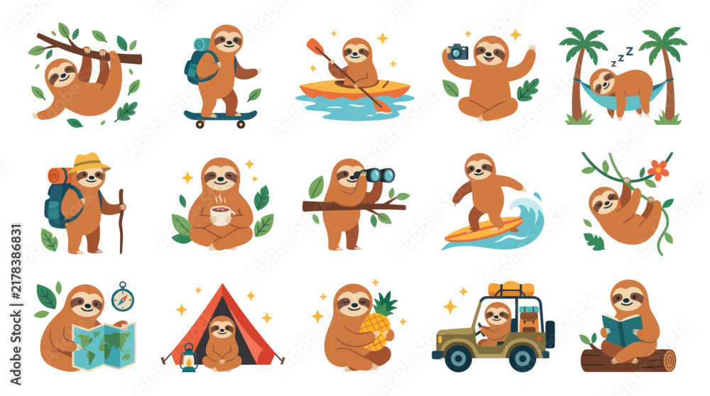 Obraz premium Cute Sloths Flat Cartoon Vector Illustration Set: Travel, Adventure, and Leisure Activity Collection
