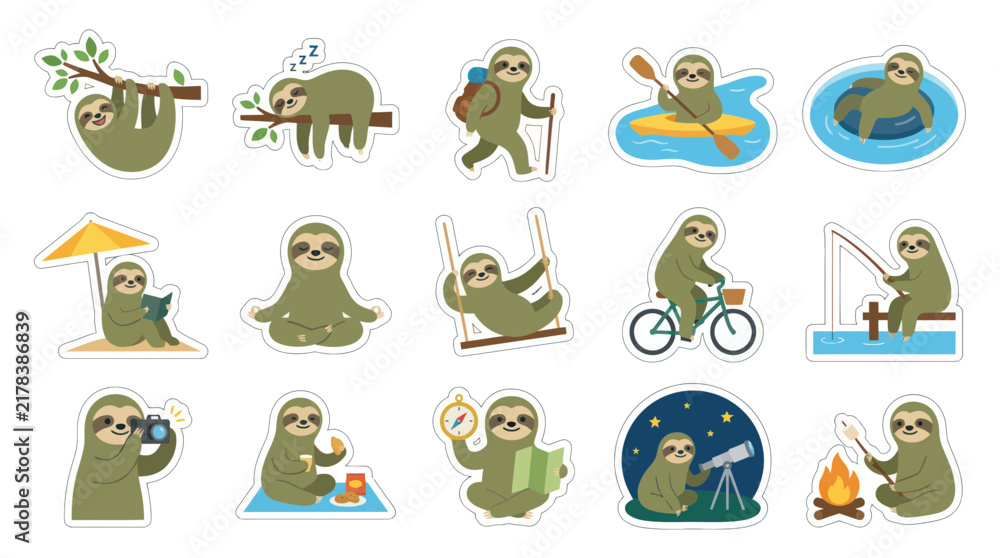Obraz premium Cute Sloth Vector Stickers: Relaxing Activities, Flat Design, Cartoon Style