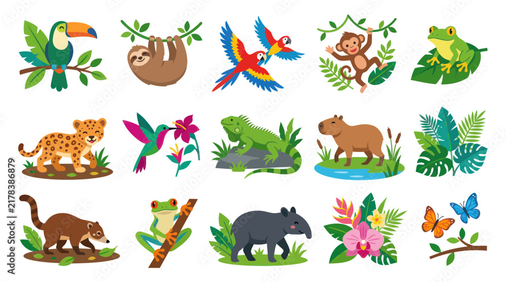 Fototapeta premium Cute Flat Cartoon Vector Illustration Set of Tropical Rainforest Animals and Jungle Flora