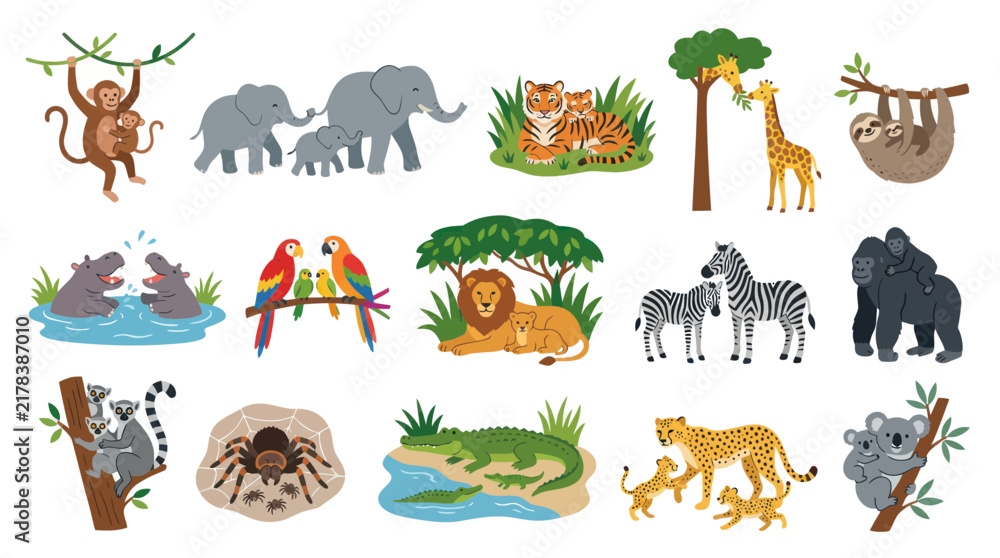 Obraz premium Diverse Wild Animal Families Flat Vector Cartoon Illustration Set - Cute Parents and Babies Collection