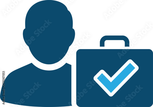 Professional business person icon with briefcase and checkmark symbol, representing successful employment, job completion, or corporate task management concept