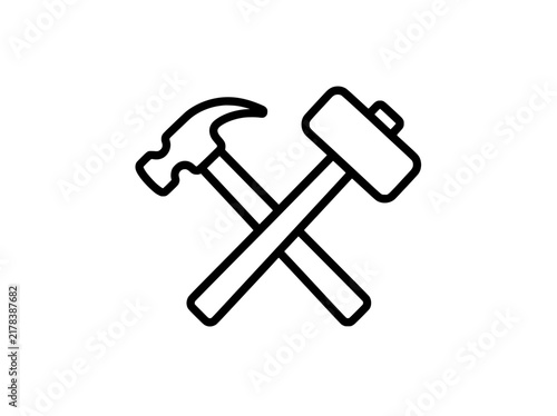 Bild auf Leinwand Minimalist crossed hammer and mallet icon, black line art construction tools vec