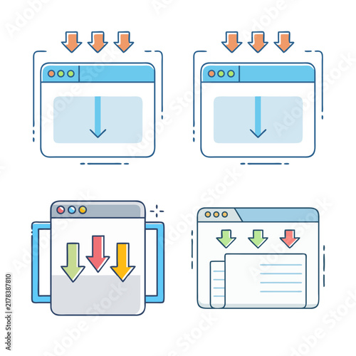 Four download and upload file icons with devices - Colorful vector icons showing file download, upload, and sync actions with mobile, tablet, and laptop devices.