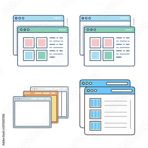 Ui wireframe layouts for mobile and desktop apps - Four clean app wireframes showing mobile and desktop layouts with grids, buttons, and lists in a simple design style.