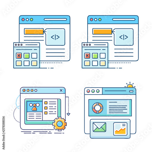 Flat design app screens with mobile and tablet devices - Colorful flat design illustration showing app screens on mobile and tablet devices with icons and user interface elements.